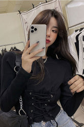Camisas sexis de manga larga con cuello redondo y vendaje